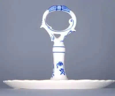Zwiebelmuster - Rundes Tablett 21 cm mit Griff für einen Salz- und Pfefferstreuer und einer Box für Zahnstocher - Original Zwiebelmuster-Porzellan 1. Wahl